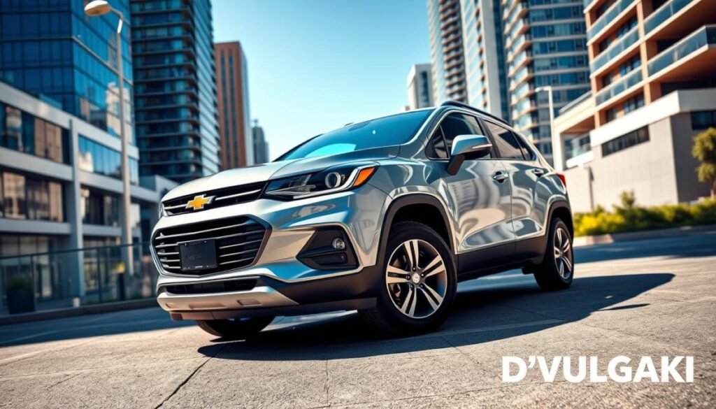 A Chevrolet Tracker 2026 parked elegantly in a modern urban environment, showcasing its sleek design and distinctive features. The foreground captures the stylish exterior of the vehicle, highlighting its sharp lines, bold grille, and innovative LED headlights. In the middle ground, the cityscape features contemporary buildings and a clear blue sky, adding a sense of vitality and progress. The background includes a hint of urban greenery, emphasizing the harmony between technology and nature. The image is captured with a wide-angle lens, providing a dynamic perspective, while natural sunlight bathes the scene in warmth, creating an inviting atmosphere. The brand name "D'VULGAKI" is subtly placed in the bottom right corner, ensuring brand recognition without detracting from the image's focus on the vehicle itself.