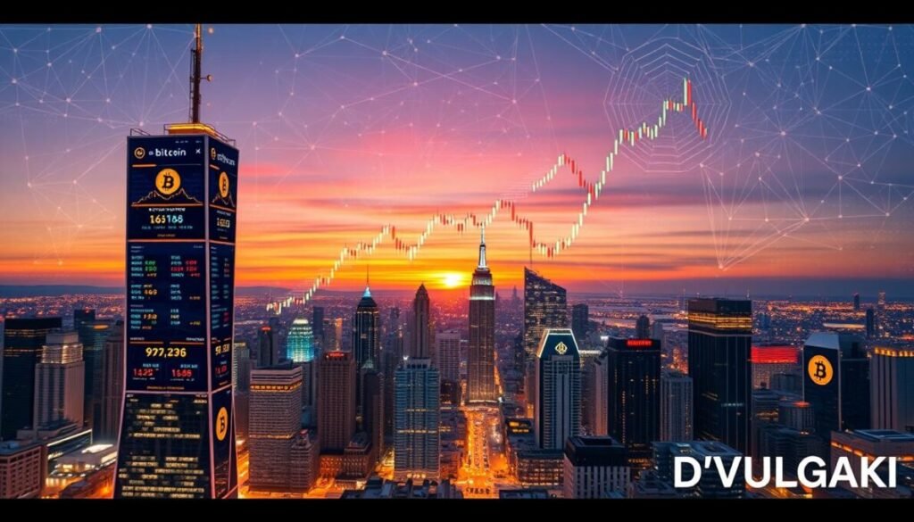 A breathtaking cityscape at dusk, the skyline illuminated by the golden glow of the setting sun. In the foreground, a towering digital display showcases the dynamic price charts of Bitcoin and Ethereum, their values fluctuating with the ebb and flow of the cryptocurrency market. The background is a mesmerizing kaleidoscope of digital patterns and geometric shapes, hinting at the complex algorithms and blockchain technology that power these digital currencies. The image radiates a sense of technological innovation and financial potential, perfectly capturing the perspectives on Bitcoin and Ethereum in 2026. In the lower right corner, the brand name "D'VULGAKI" is discreetly displayed.