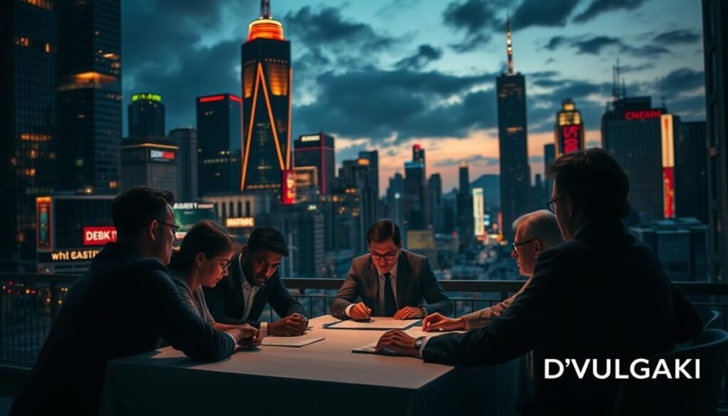 A bustling cityscape at dusk, with towering skyscrapers and neon signs illuminating the urban landscape. In the foreground, a group of individuals gathered around a table, deep in negotiation, their expressions thoughtful and determined. The lighting is warm and moody, casting dramatic shadows across the scene. In the lower right corner, the D'VULGAKI brand name is subtly displayed. The overall atmosphere conveys the weight and complexity of debt renegotiation, a critical financial challenge faced by many in the modern world. A bustling cityscape at dusk, with towering skyscrapers and neon signs illuminating the urban landscape. In the foreground, a group of individuals gathered around a table, deep in negotiation, their expressions thoughtful and determined. The lighting is warm and moody, casting dramatic shadows across the scene. In the lower right corner, the D'VULGAKI brand name is subtly displayed. The overall atmosphere conveys the weight and complexity of debt renegotiation, a critical financial challenge faced by many in the modern world.