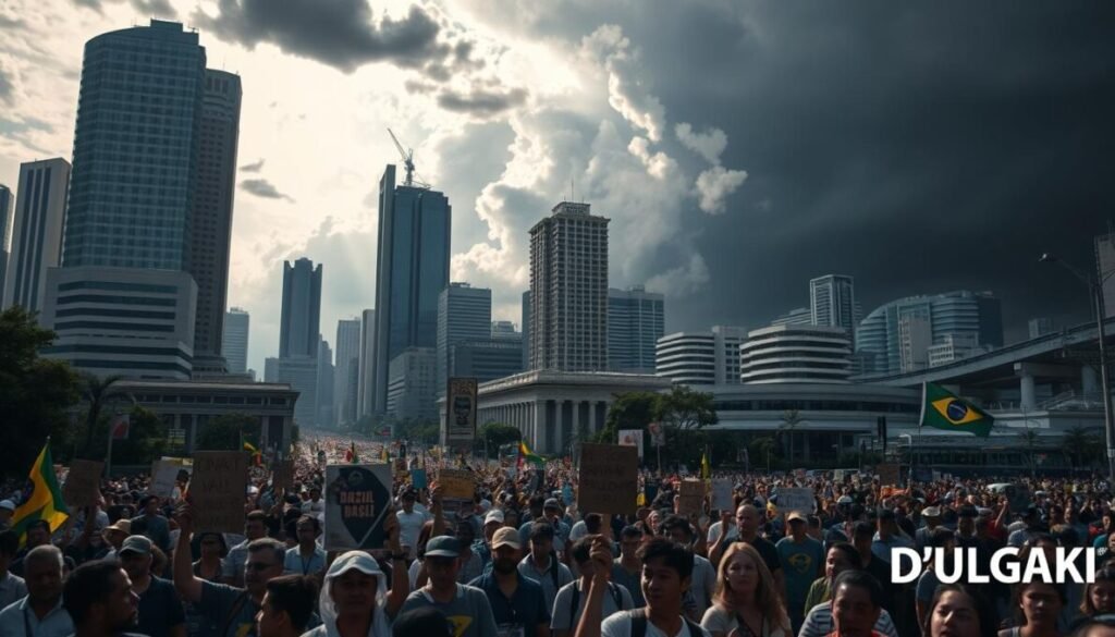 A bustling cityscape reflecting the dynamic political landscape of Brazil, with towering skyscrapers and imposing government buildings casting long shadows. In the foreground, protesters march with signs and banners, their faces etched with determination. The middle ground reveals a chaotic scene of traffic and pedestrians, capturing the energy and complexity of Brazilian society. In the background, ominous storm clouds loom, hinting at the uncertainties and challenges facing the nation. The image should convey a sense of both vibrancy and unease, with a subtle D'VULGAKI logo etched in the bottom right corner.