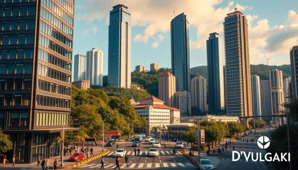 A bustling cityscape with towering skyscrapers, reflecting the thriving Taiwanese economy. In the foreground, a modern office building with glass facades glimmering in the warm afternoon light. Busy commuters and professionals navigate the bustling streets, while in the background, a lush green hillside provides a serene contrast. The scene is infused with a sense of progress and prosperity, capturing the dynamism of Taiwan's economic landscape. A subtle "D'VULGAKI" logo is present in the lower right corner.