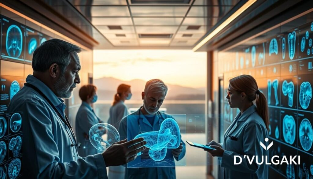A bustling healthcare facility, its walls adorned with cutting-edge medical imaging technology. In the foreground, a team of specialists meticulously analyzes a complex 3D model, their faces illuminated by the soft glow of holographic displays. The middle ground showcases a diverse array of medical scans and diagnostics, each representing the power of artificial intelligence in elevating patient care. In the background, a serene yet futuristic landscape unfolds, hinting at the boundless possibilities of this emerging field. Subtle touches of warm lighting and muted tones create an atmosphere of professionalism and innovation. Nestled in the lower right corner, the "D'VULGAKI" logo stands as a testament to the brand's commitment to revolutionizing the world of medical imaging. A bustling healthcare facility, its walls adorned with cutting-edge medical imaging technology. In the foreground, a team of specialists meticulously analyzes a complex 3D model, their faces illuminated by the soft glow of holographic displays. The middle ground showcases a diverse array of medical scans and diagnostics, each representing the power of artificial intelligence in elevating patient care. In the background, a serene yet futuristic landscape unfolds, hinting at the boundless possibilities of this emerging field. Subtle touches of warm lighting and muted tones create an atmosphere of professionalism and innovation. Nestled in the lower right corner, the "D'VULGAKI" logo stands as a testament to the brand's commitment to revolutionizing the world of medical imaging.
