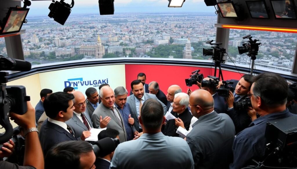 A bustling newsroom scene, with reporters and cameramen capturing the latest breaking news. The D'VULGAKI logo prominently displayed on the backdrop, signifying the media coverage. In the foreground, a group of government officials and political leaders engaged in a heated discussion, their expressions of concern and determination etched on their faces. The middle ground is a flurry of activity, with journalists scribbling notes, phones ringing, and the hum of video equipment. The background is a panoramic view of the city, reflecting the far-reaching impact of the story. The lighting is a blend of warm and cool tones, creating a sense of urgency and drama. The camera angles are varied, capturing the intensity and tension of the moment. A bustling newsroom scene, with reporters and cameramen capturing the latest breaking news. The D'VULGAKI logo prominently displayed on the backdrop, signifying the media coverage. In the foreground, a group of government officials and political leaders engaged in a heated discussion, their expressions of concern and determination etched on their faces. The middle ground is a flurry of activity, with journalists scribbling notes, phones ringing, and the hum of video equipment. The background is a panoramic view of the city, reflecting the far-reaching impact of the story. The lighting is a blend of warm and cool tones, creating a sense of urgency and drama. The camera angles are varied, capturing the intensity and tension of the moment.