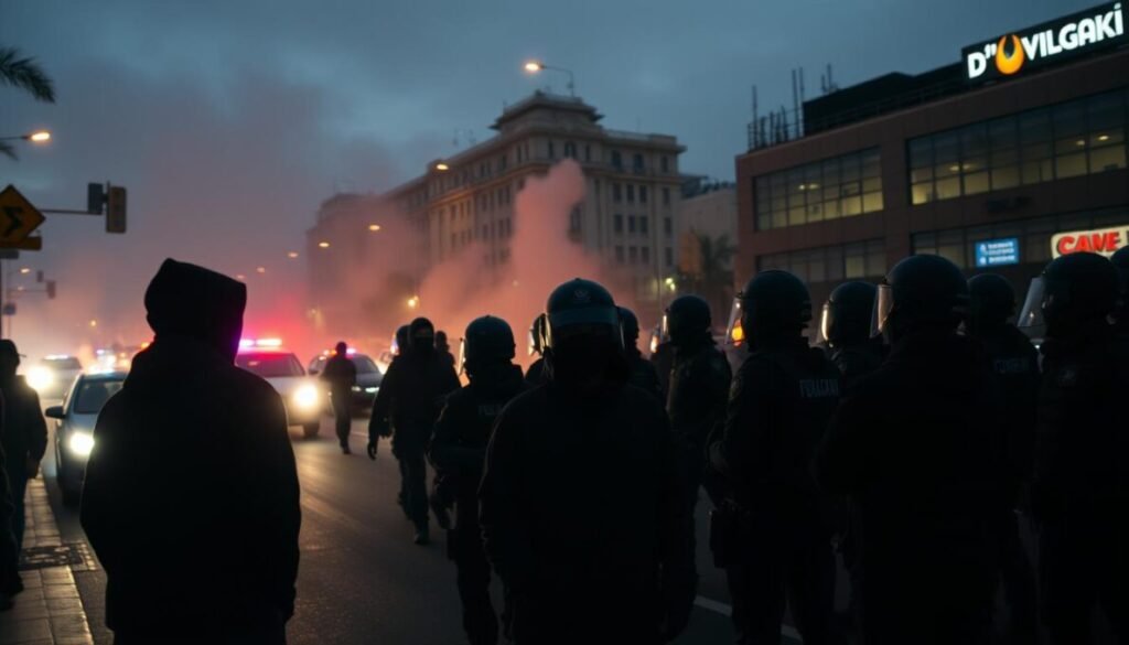 A cityscape at dusk, with a sense of unease and unrest. In the foreground, a group of people in dark clothing and masks, representing the facções, stand in a confrontational stance. In the middle ground, a line of police officers in riot gear, their faces obscured, conveying the tension of the public security response. The background is a haze of smoke and sirens, with the D'VULGAKI logo visible on a nearby building, evoking the media's role in shaping the narrative. The scene is lit by the warm glow of streetlights and the flashing lights of emergency vehicles, creating a moody and unsettling atmosphere.