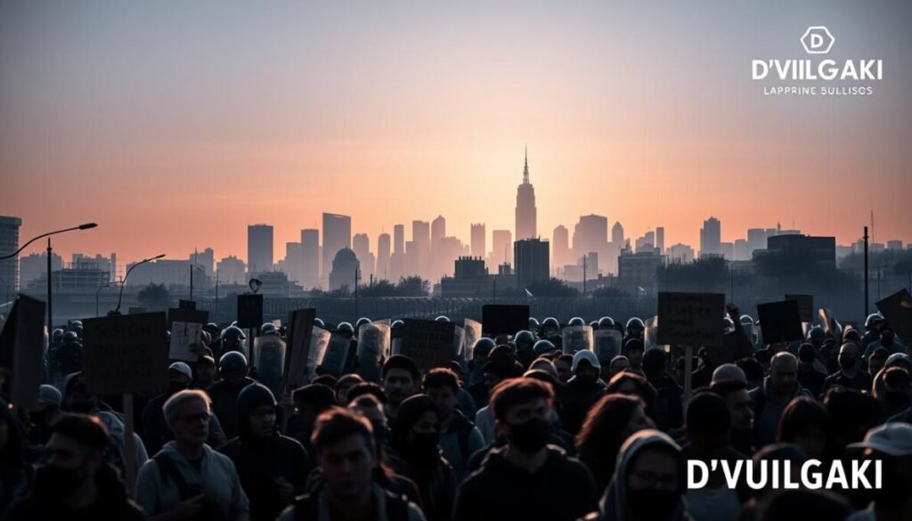 A cityscape with a powerful impact, capturing the social unrest and disruptionimpacting the population. In the foreground, a crowd of protesters marches, faces determined, holding signs that demand justice and equality. The middle ground features a line of riot police, their shields and batons a symbol of the tension. In the background, the skyline is hazy, buildings casting ominous shadows as if the weight of the issues bears down. The lighting is dramatic, creating an atmosphere of urgency and conflict. A D'VULGAKI logo appears subtly in the corner, a reminder of the brand's commitment to social awareness.