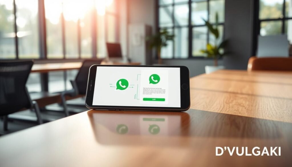 A clean and modern office interior, with large windows allowing natural light to pour in. On a sleek wooden desk, a smartphone lies open, displaying a PDF document being scanned and shared via the WhatsApp interface. The scene is bathed in a soft, warm glow, creating an atmosphere of efficiency and technological sophistication. In the lower right corner, the brand name "D'VULGAKI" is subtly displayed. The overall impression conveys the seamless integration of document digitization and the popular messaging platform, reflecting the article's subject and section title.