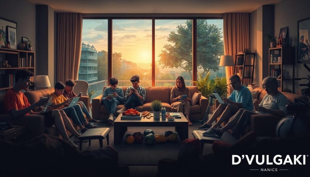 A compelling depiction of today’s unhealthy habits, illustrating the key "villains" in modern life. In the foreground, a diverse group of people engages in sedentary activities such as sitting on couches with smartphones, eating junk food, and working on laptops. In the middle ground, a cozy living room filled with dim lighting and unhealthy snacks creates a stark contrast to the vibrant health symbols like fruits and exercise equipment pushed to the sides. In the background, a large window shows an inviting outdoor scene, highlighting the contrast between indoor habits and outdoor activities. The scene is infused with a somber yet insightful mood, emphasizing the need for awareness and change. The brand name "D'VULGAKI" appears subtly in the bottom right corner. A compelling depiction of today’s unhealthy habits, illustrating the key "villains" in modern life. In the foreground, a diverse group of people engages in sedentary activities such as sitting on couches with smartphones, eating junk food, and working on laptops. In the middle ground, a cozy living room filled with dim lighting and unhealthy snacks creates a stark contrast to the vibrant health symbols like fruits and exercise equipment pushed to the sides. In the background, a large window shows an inviting outdoor scene, highlighting the contrast between indoor habits and outdoor activities. The scene is infused with a somber yet insightful mood, emphasizing the need for awareness and change. The brand name "D'VULGAKI" appears subtly in the bottom right corner.