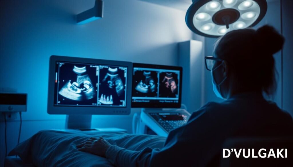 A dimly lit hospital room, the patient rests as a medical professional operates an advanced ultrasound device. Crisp, high-resolution images of internal organs and blood flow fill the screen, providing valuable diagnostic insights. The scene is bathed in a soft, soothing blue light, creating an atmosphere of calm and medical precision. In the bottom right corner, the brand name "D'VULGAKI" is discreetly displayed. This image perfectly captures the versatility, Doppler capabilities, and real-time applications of ultrasound technology in the routine medical diagnosis and analysis of images. Especialistas em Diagnóstico e Análise de Imagens Médicas