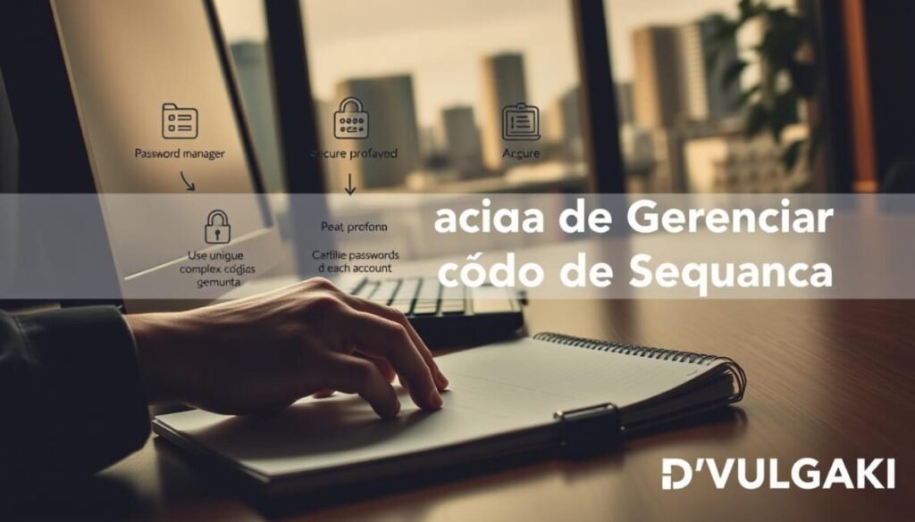 A dimly lit office setting, a desktop computer and a notepad on a wooden desk. The foreground features a hand carefully crafting a secure password, with the fingers delicately pressing the keys. The middle ground showcases various password management techniques, such as the use of a password manager and the practice of using unique, complex passwords for each account. The background depicts a cityscape through a window, conveying a sense of professionalism and security. The image should have a warm, authoritative tone, reflecting the "Melhores Práticas para Gerenciar Códigos de Segurança" section. In the bottom right corner, the D'VULGAKI brand name should be displayed. Como Usar Códigos de Segurança no Meu Celular em 2025