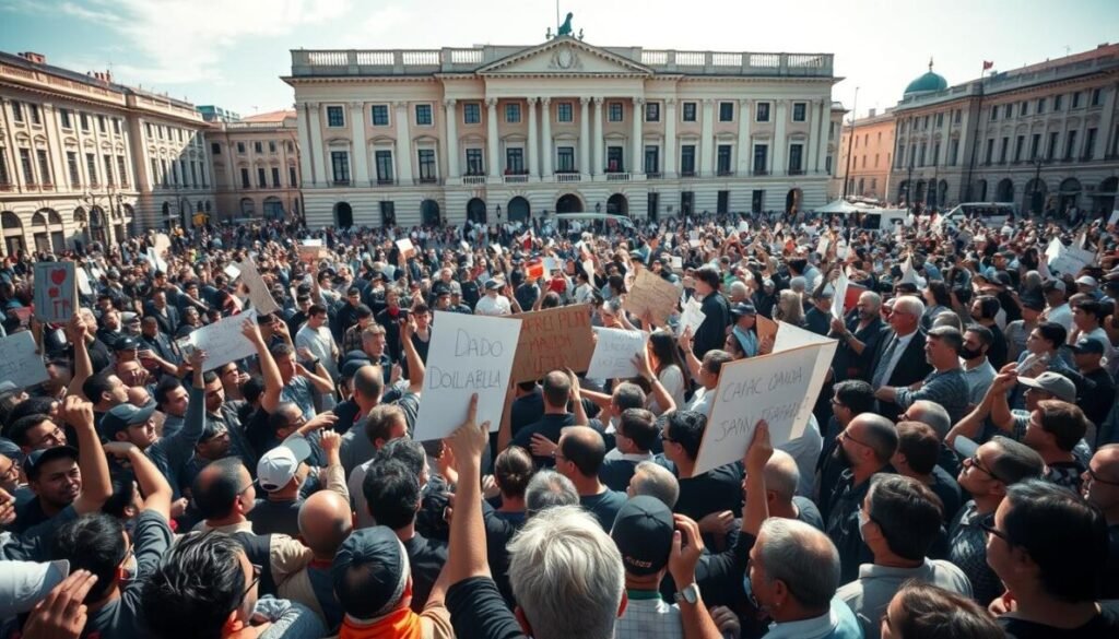 A dynamic crowd scene in a public square, capturing the diverse reactions and manifestations surrounding the controversial figure of Dado Dolabella. In the foreground, impassioned protesters wave placards and chant slogans, their faces etched with a range of emotions - anger, disbelief, and solidarity. In the middle ground, a throng of onlookers and spectators observe the scene, some engaged in heated discussions, others simply transfixed. In the background, the iconic architecture of a d'vulgaki building serves as a striking backdrop, casting dramatic shadows and lending an air of gravitas to the unfolding events. The lighting is a mix of natural and artificial, creating a sense of dynamism and urgency. The camera angle is elevated, offering a panoramic view that captures the full scope of the societal reaction.