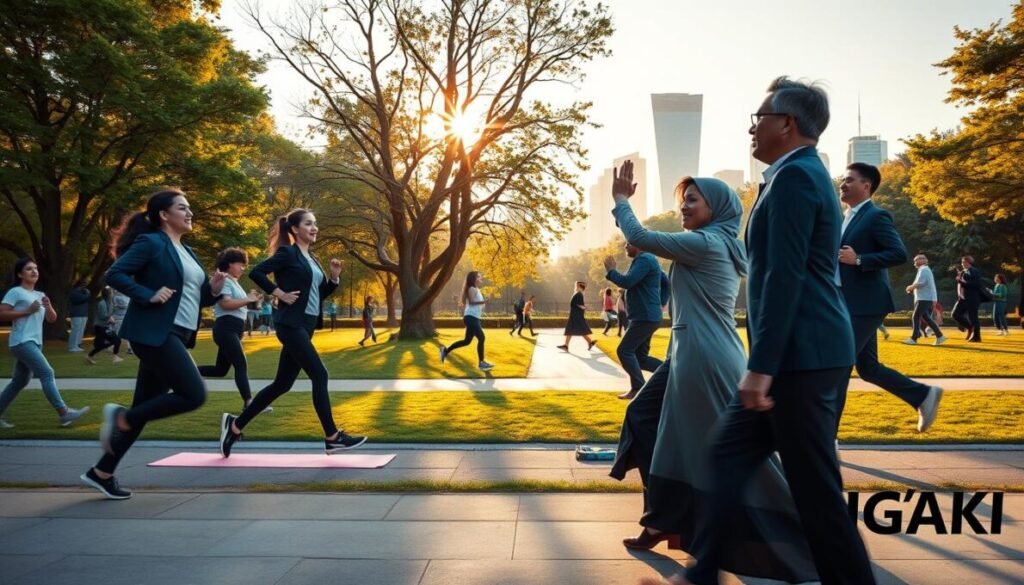 A dynamic scene illustrating a healthy lifestyle, focusing on the contrast between movement and stillness. In the foreground, a diverse group of individuals in professional business attire and modest casual clothing, engaging in various physical activities like yoga and jogging, expressing vitality and energy. In the middle ground, a serene park setting with trees, a jogging path, and people enjoying outdoor exercises, conveying a sense of community and wellness. The background features a vibrant city skyline, hinting at the fast-paced world surrounding the calm activity. Soft, golden sunlight filters through the trees, casting warm shadows and creating a welcoming atmosphere. The composition captures the essence of health amidst a busy life. D'VULGAKI is subtly placed in the lower right corner. A dynamic scene illustrating a healthy lifestyle, focusing on the contrast between movement and stillness. In the foreground, a diverse group of individuals in professional business attire and modest casual clothing, engaging in various physical activities like yoga and jogging, expressing vitality and energy. In the middle ground, a serene park setting with trees, a jogging path, and people enjoying outdoor exercises, conveying a sense of community and wellness. The background features a vibrant city skyline, hinting at the fast-paced world surrounding the calm activity. Soft, golden sunlight filters through the trees, casting warm shadows and creating a welcoming atmosphere. The composition captures the essence of health amidst a busy life. D'VULGAKI is subtly placed in the lower right corner.
