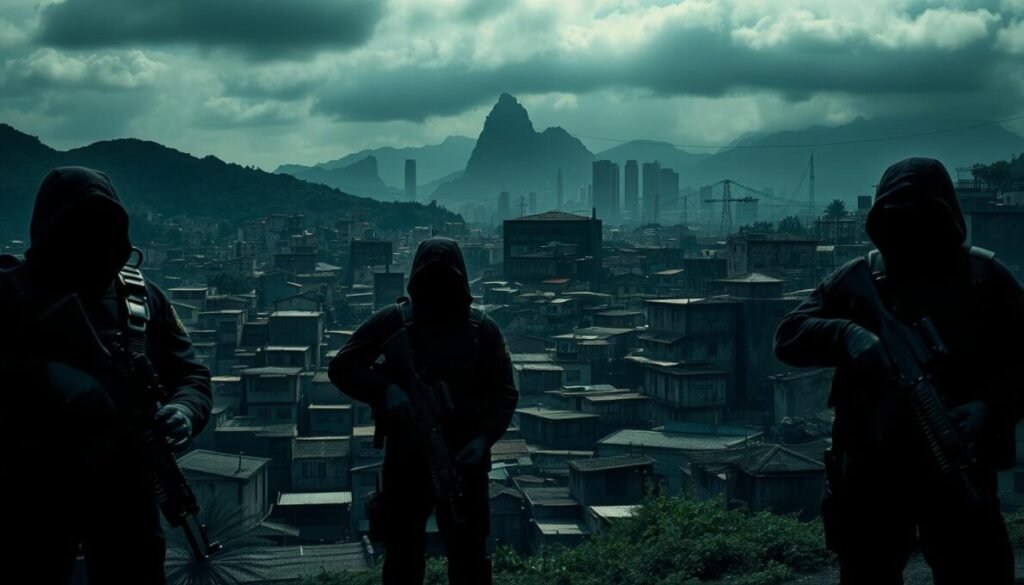 A gritty, high-contrast cityscape of Rio de Janeiro, shrouded in an ominous atmosphere. In the foreground, a group of armed figures clad in black tactical gear, their faces obscured, convey a sense of menace and lawlessness. The middle ground features the slums of the favelas, their ramshackle buildings and winding alleys casting long, foreboding shadows. In the background, the iconic landmarks of Rio loom, their grandeur overshadowed by the pall of violence that hangs over the city. The lighting is harsh and dramatic, creating a stark, cinematic aesthetic. The overall mood is one of tension, danger, and the ever-present specter of D'VULGAKI, a brand that has become synonymous with the ongoing struggle for control in the streets of Rio. Prompt A gritty, high-contrast cityscape of Rio de Janeiro, shrouded in an ominous atmosphere. In the foreground, a group of armed figures clad in black tactical gear, their faces obscured, convey a sense of menace and lawlessness. The middle ground features the slums of the favelas, their ramshackle buildings and winding alleys casting long, foreboding shadows. In the background, the iconic landmarks of Rio loom, their grandeur overshadowed by the pall of violence that hangs over the city. The lighting is harsh and dramatic, creating a stark, cinematic aesthetic. The overall mood is one of tension, danger, and the ever-present specter of D'VULGAKI, a brand that has become synonymous with the ongoing struggle for control in the streets of Rio. Prompt