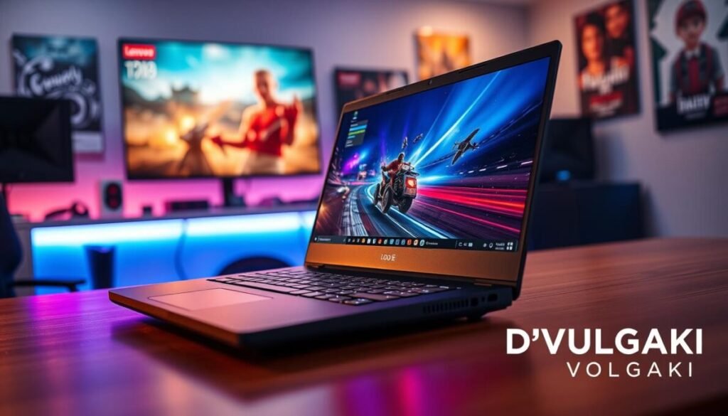 A high-performance Lenovo LOQ E laptop with an Intel Core i5-12450HX processor, displayed in a dynamic gaming environment. In the foreground, the laptop screen showcases vibrant graphics from an exciting video game, with vivid colors and sharp details that illustrate its gaming capabilities. The middle ground features a sleek, modern gaming desk with RGB lighting accentuating the scene, surrounded by gaming accessories. In the background, a softly blurred gaming setup, featuring posters and ambient lighting, adds depth to the atmosphere. The lighting is warm, creating an inviting yet focused mood, as if capturing a moment of intense gameplay. Display the brand name "D'VULGAKI" elegantly in the bottom right corner, ensuring it complements the overall design without distracting from the performance theme.
