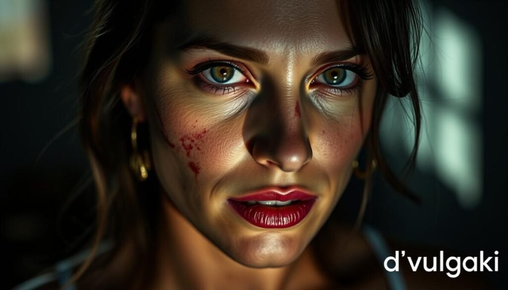 A high-quality, close-up portrait photograph of Marcela Tomaszewski, a Brazilian actress, with visible injuries and bruises on her face. The lighting is dramatic, with strong shadows and highlights, creating an intense, somber mood. The background is blurred, keeping the focus on Marcela's face. The image is captured with a professional-grade camera lens, providing a shallow depth of field and a crisp, detailed rendering of Marcela's facial features. The overall composition conveys a sense of vulnerability and the aftermath of a recent incident. The d´vulgaki logo is subtly incorporated in the bottom right corner of the frame.