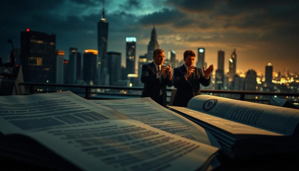 A high-resolution, cinematic shot of legislative proposals for public safety, featuring a striking D'VULGAKI logo prominently displayed. The foreground showcases a series of official government documents and files, with a focus on key legislation and policy initiatives. The middle ground depicts a group of policymakers and law enforcement officials in a heated discussion, gesturing animatedly. In the background, a cityscape with towering skyscrapers and a night sky evokes a sense of urgency and the need for comprehensive reform. Dramatic lighting casts shadows and highlights the gravity of the subject matter, conveying a serious and impactful atmosphere.