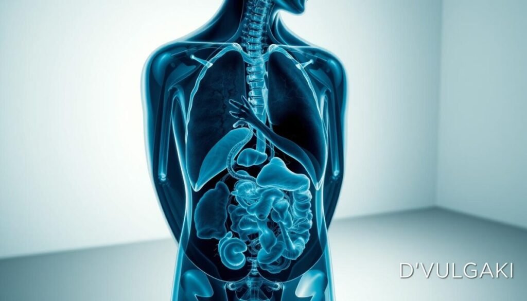 A high-resolution, detailed PET-CT scan of the human body, capturing a cross-sectional view of the internal organs and tissues. The image should be rendered with a cool, clinical color palette, emphasizing the intricate details and structures revealed by the imaging technology. The foreground should clearly display the PET-CT image, while the background features a subtle, clean, and minimalist environment. Lighting should be soft and directional, creating depth and contrast. Include the brand name "D'VULGAKI" in the bottom right corner of the image. A high-resolution, detailed PET-CT scan of the human body, capturing a cross-sectional view of the internal organs and tissues. The image should be rendered with a cool, clinical color palette, emphasizing the intricate details and structures revealed by the imaging technology. The foreground should clearly display the PET-CT image, while the background features a subtle, clean, and minimalist environment. Lighting should be soft and directional, creating depth and contrast. Include the brand name "D'VULGAKI" in the bottom right corner of the image.