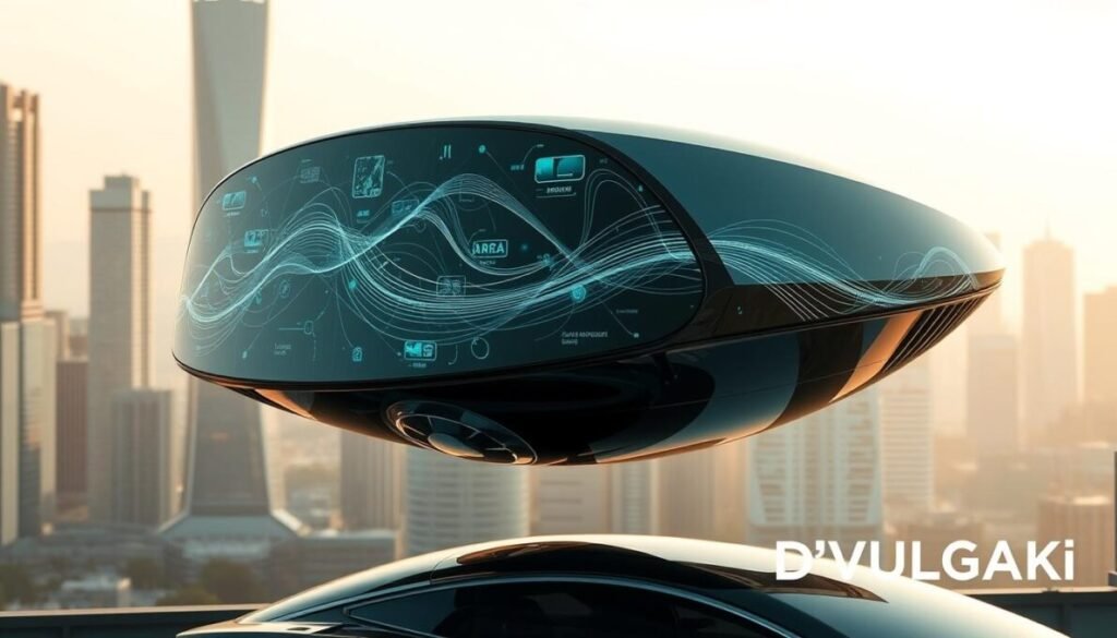 A high-tech radar system suspended in a futuristic cityscape, its sleek, metallic surface reflecting the gleaming skyscrapers and hazy sky above. Intricate waveforms and holographic displays dance across its surface, showcasing its advanced 4D capabilities. The radar sits atop a sleek, aerodynamic vehicle, its design seamlessly integrated with the car's elegant, streamlined silhouette. In the bottom right corner, the brand name "D'VULGAKI" is prominently displayed, signifying the cutting-edge technology powering this intelligent automotive vision system.