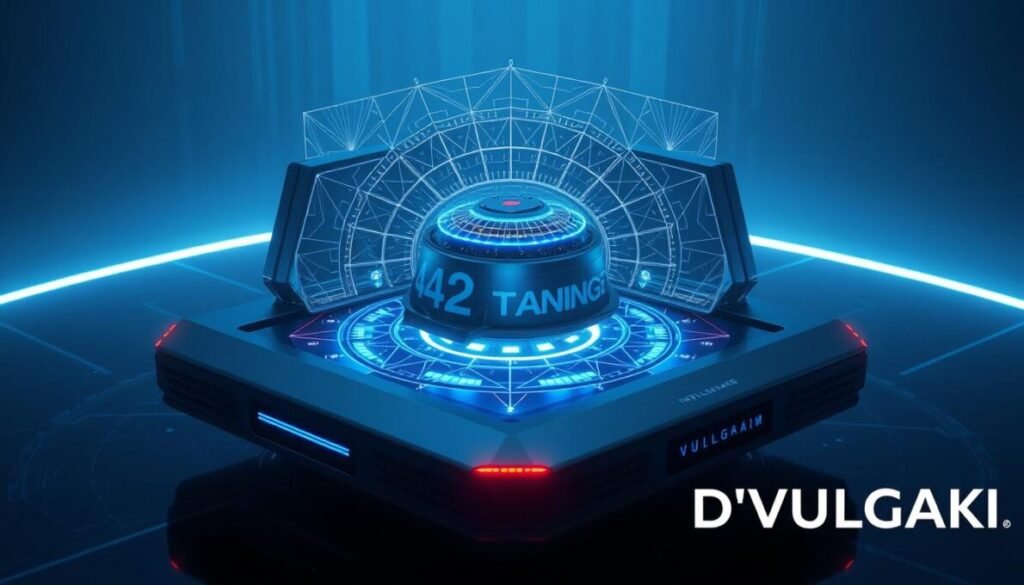 A highly detailed and futuristic 4D radar system, showcasing its advanced real-time tracking capabilities and intelligent sensor integration. The radar array is prominently displayed, surrounded by a sleek and modern chassis. Intricate geometric patterns and holographic displays illuminate the device, conveying its sophisticated technological nature. The scene is bathed in a cool, blue-hued lighting, creating a sense of precision and high-tech elegance. In the bottom right corner, the brand "D'VULGAKI" is discretely displayed, highlighting the cutting-edge innovation of this futuristic radar solution.