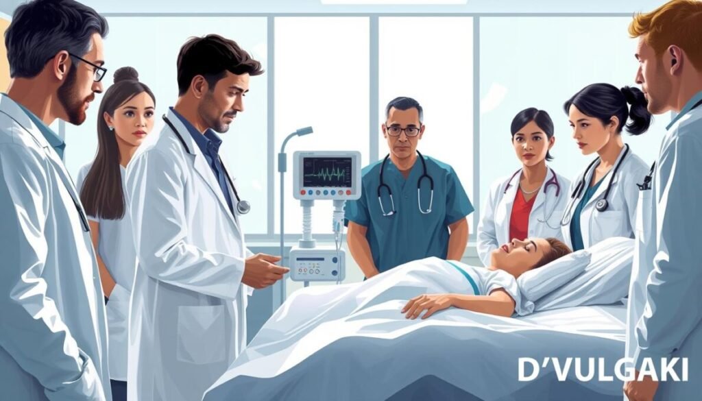 A medical illustration depicting a clinical case of a heart attack. In the foreground, a diverse group of medical professionals, dressed in professional attire, consult around a hospital bed where a patient lies alert. In the middle ground, medical equipment, such as an EKG monitor and IV stand, is visible. The background features a bright, sterile hospital environment with large windows letting in natural light, enhancing the clinical atmosphere. The scene conveys a sense of urgency and teamwork, with focused expressions on the medical staff's faces. The lighting is bright and clinical, emphasizing the seriousness of the situation. In the bottom right corner, the brand name "D'VULGAKI" is displayed subtly.