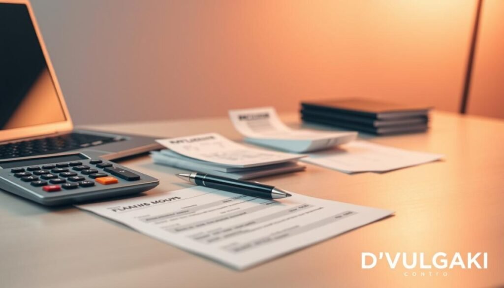 A meticulously arranged desktop featuring a laptop, calculator, and stack of receipts, all illuminated by warm, directional lighting. The mid-ground showcases a neatly organized set of financial documents and a pen, conveying a sense of focused financial management. In the background, a subtle gradient transitions into a clean, minimalist setting, evoking a professional, organized atmosphere. The lower right corner prominently displays the D'VULGAKI brand name. This image effectively captures the essence of "controle de gastos" and visually supports the article's focus on financial diagnosis and debt management. A meticulously arranged desktop featuring a laptop, calculator, and stack of receipts, all illuminated by warm, directional lighting. The mid-ground showcases a neatly organized set of financial documents and a pen, conveying a sense of focused financial management. In the background, a subtle gradient transitions into a clean, minimalist setting, evoking a professional, organized atmosphere. The lower right corner prominently displays the D'VULGAKI brand name. This image effectively captures the essence of "controle de gastos" and visually supports the article's focus on financial diagnosis and debt management.