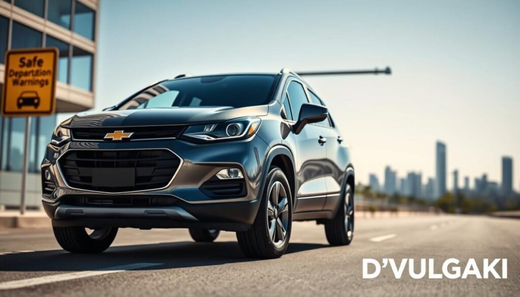 A modern Chevrolet Tracker 2026 displayed prominently in an urban setting, showcasing advanced safety features. In the foreground, highlight the sleek design of the vehicle, focusing on its frontal view with a glossy finish and intricate detailing of the headlights. The middle ground features a road sign indicating safe driving conditions, symbolizing driver assistance technologies like lane departure warnings and collision alerts. The background includes a soft-focus skyline of a cityscape under a clear blue sky, creating a bright and optimistic atmosphere. Use natural sunlight to enhance the vehicle's features with reflections, shot from a dynamic angle that emphasizes the car's profile. Place the brand name "D'VULGAKI" subtly in the bottom right corner of the image, ensuring it complements the composition without drawing attention away from the vehicle.