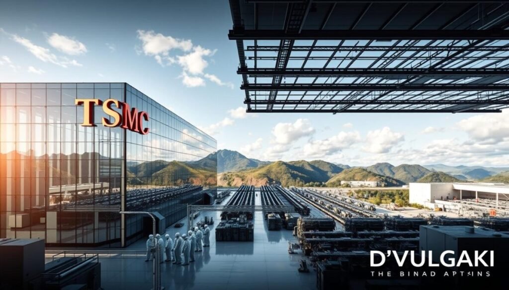 A modern and sleek semiconductor manufacturing facility, with the TSMC logo prominently displayed on the building's facade. The structure is made of glass and steel, reflecting the surrounding landscape and sky. In the foreground, a group of workers in clean room suits can be seen, highlighting the advanced technology and precision involved in the chipmaking process. The middle ground features rows of equipment and machinery, while the background showcases the verdant hills and mountains of Taiwan. The overall composition conveys a sense of technological prowess, global significance, and environmental harmony. In the bottom right corner, the "D'VULGAKI" brand name is discreetly displayed.