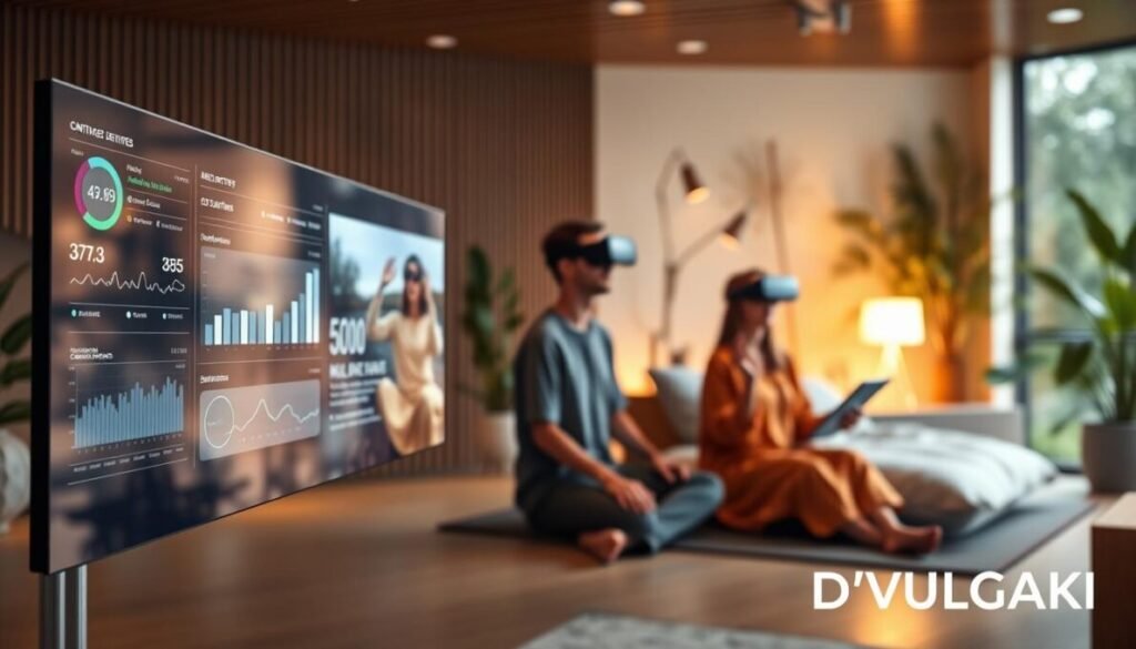 A modern holistic healthcare facility, with a focus on cutting-edge technological innovations in complementary therapies. The foreground showcases a sleek, minimalist interface displaying real-time patient data and treatment progress. The middle ground features patients engaged in various immersive virtual reality experiences, promoting mental wellness and pain management. The background depicts a serene, nature-inspired environment with integrated smart home technology, creating a calming, therapeutic atmosphere. Warm, gentle lighting accentuates the harmony between technology and natural elements. Branding "D'VULGAKI" is subtly displayed in the lower right corner.