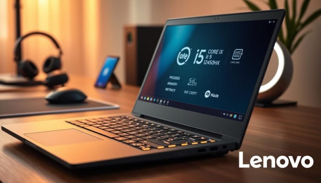 A modern laptop with a sleek design featuring the Lenovo logo in the lower right corner, showcasing its cutting-edge specifications. In the foreground, the laptop is open, displaying a high-resolution screen with detailed graphics of the Core i5-12450HX specifications, including processing power and memory options. The middle of the image captures the laptop keyboard with illuminated keys for a tech-savvy feel. In the background, a soft-focus workstation setting includes elegant tech accessories like a wireless mouse and headphones, all bathed in warm ambient light. The mood is professional yet inviting, suitable for readers interested in technology.