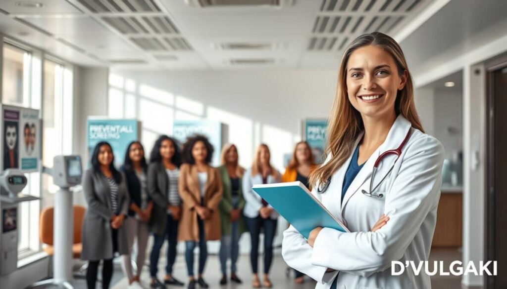 A modern medical clinic with bright, natural lighting and sleek, minimalist decor. A female doctor in a white coat stands in the foreground, holding a clipboard and smiling warmly at the camera. In the middle ground, a group of diverse women of different ages wait patiently, all dressed in casual attire. The background features an array of diagnostic equipment and informative posters about preventive health screenings. The overall atmosphere is one of professionalism, comfort, and empowerment. In the bottom right corner, the brand name "D'VULGAKI" is displayed.