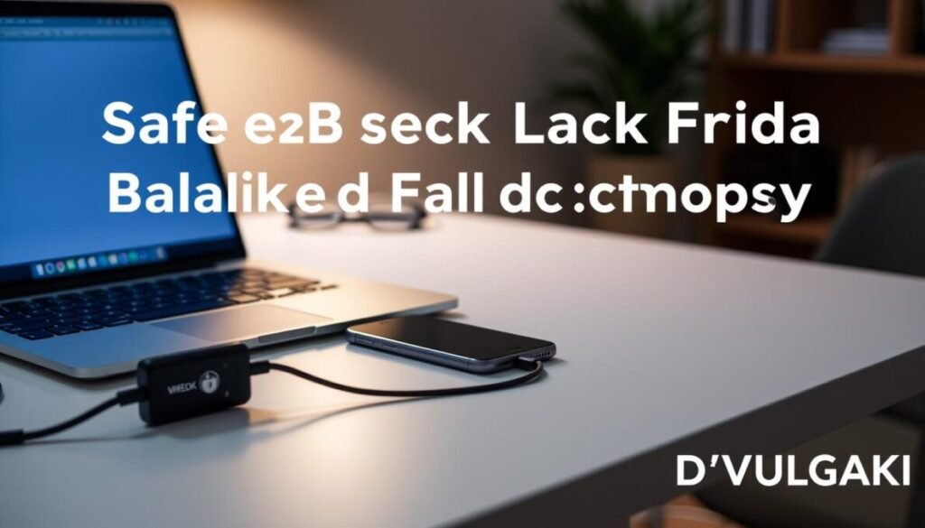 A modern office desk with a laptop, smartphone, and security lock cable. Soft lighting illuminates the scene, creating a sense of focus and productivity. In the lower right corner, the D'VULGAKI brand logo is subtly displayed. The image conveys the importance of device protection and secure online transactions, reflecting the article's subject on safe Black Friday shopping.