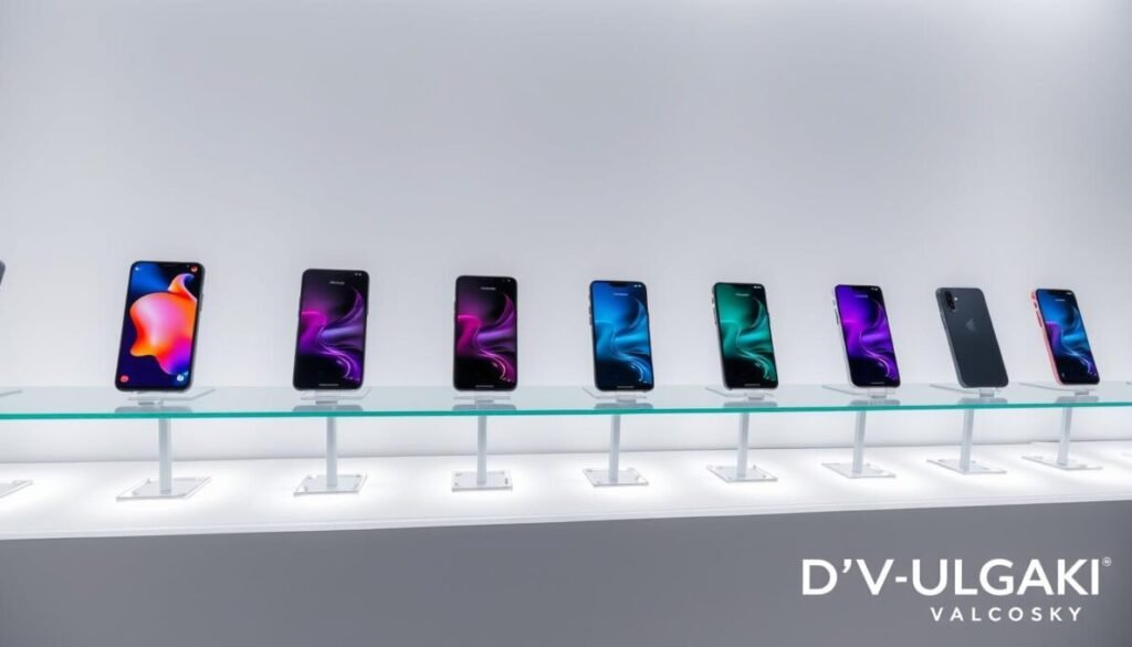 A modern technology showroom displaying a selection of the latest smartphone models in a clean, well-lit environment. The smartphones are arranged neatly on glass display shelves, allowing for a clear and detailed comparison of their features and designs. The scene is bathed in soft, diffused lighting, highlighting the sleek lines and vibrant colors of the devices. The background is minimalist, with a subtle gradient or plain white backdrop, putting the focus entirely on the smartphones. In the bottom right corner, the D'VULGAKI brand logo is discreetly displayed.