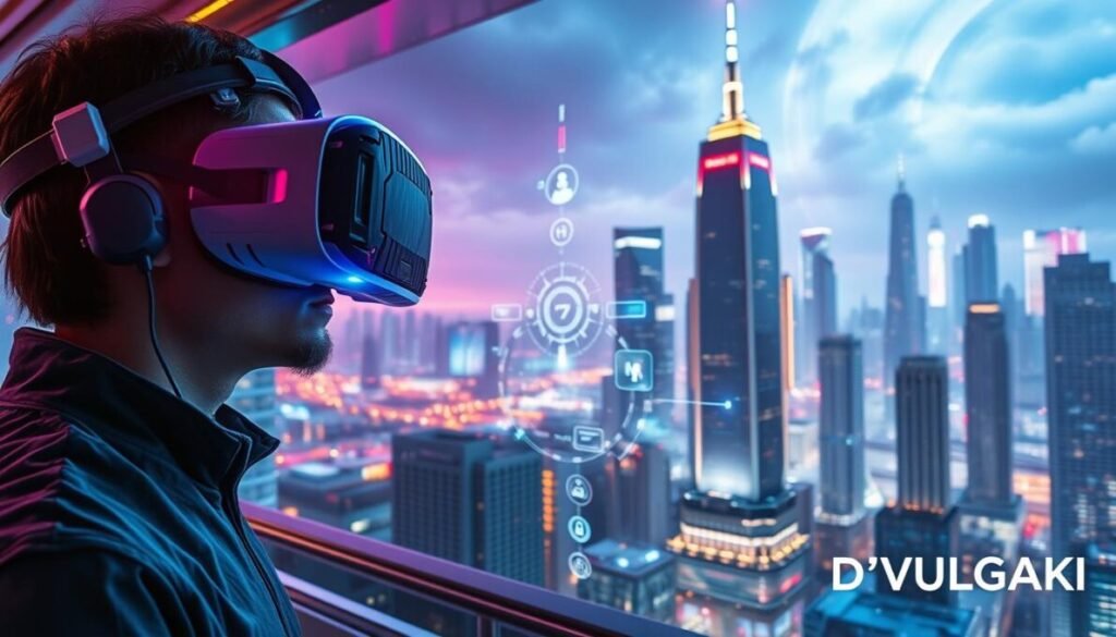 A panoramic view of a futuristic virtual reality scene. The foreground features a user wearing a sleek VR headset, immersed in a captivating digital landscape. In the middle ground, holographic displays and floating interactive controls create a seamless interface. The background showcases a cityscape of towering skyscrapers, with holograms and neon lights illuminating the urban environment. Vibrant colors, dynamic lighting, and a sense of technological wonder evoke the future of virtual and augmented reality experiences. In the bottom right corner, the D'VULGAKI brand name is subtly integrated.
