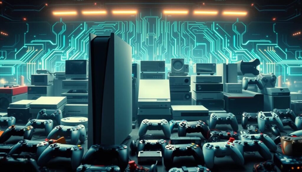 A panoramic view of the evolution of gaming consoles, showcasing the technological advancements over time. In the foreground, a sleek, modern console stands tall, its streamlined design a testament to the industry's progress. Surrounding it, a collage of iconic consoles from different eras, each representing a significant milestone in gaming history. The middle ground is filled with a variety of controllers, joysticks, and other input devices, demonstrating the evolving interface between players and their virtual worlds. In the background, a backdrop of futuristic wireframes, circuit boards, and glowing lights creates a sense of technological progression, hinting at the boundless possibilities of the gaming landscape. The overall scene conveys a sense of awe and wonder, capturing the excitement and innovation that have driven the evolution of consoles. A panoramic view of the evolution of gaming consoles, showcasing the technological advancements over time. In the foreground, a sleek, modern console stands tall, its streamlined design a testament to the industry's progress. Surrounding it, a collage of iconic consoles from different eras, each representing a significant milestone in gaming history. The middle ground is filled with a variety of controllers, joysticks, and other input devices, demonstrating the evolving interface between players and their virtual worlds. In the background, a backdrop of futuristic wireframes, circuit boards, and glowing lights creates a sense of technological progression, hinting at the boundless possibilities of the gaming landscape. The overall scene conveys a sense of awe and wonder, capturing the excitement and innovation that have driven the evolution of consoles.