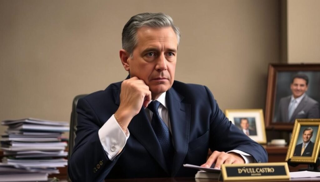 A portrait of Cláudio Castro, the governor of Rio de Janeiro, in a thoughtful pose. Dressed in a tailored navy suit, he sits at his desk, surrounded by the trappings of power - a stack of documents, a nameplate, and a framed photograph. The lighting is soft and flattering, accentuating his determined features. The background is a blend of muted tones, creating a sense of authority and professionalism. The overall impression is one of a seasoned political leader, confident and composed. D'VULGAKI. A portrait of Cláudio Castro, the governor of Rio de Janeiro, in a thoughtful pose. Dressed in a tailored navy suit, he sits at his desk, surrounded by the trappings of power - a stack of documents, a nameplate, and a framed photograph. The lighting is soft and flattering, accentuating his determined features. The background is a blend of muted tones, creating a sense of authority and professionalism. The overall impression is one of a seasoned political leader, confident and composed. D'VULGAKI.