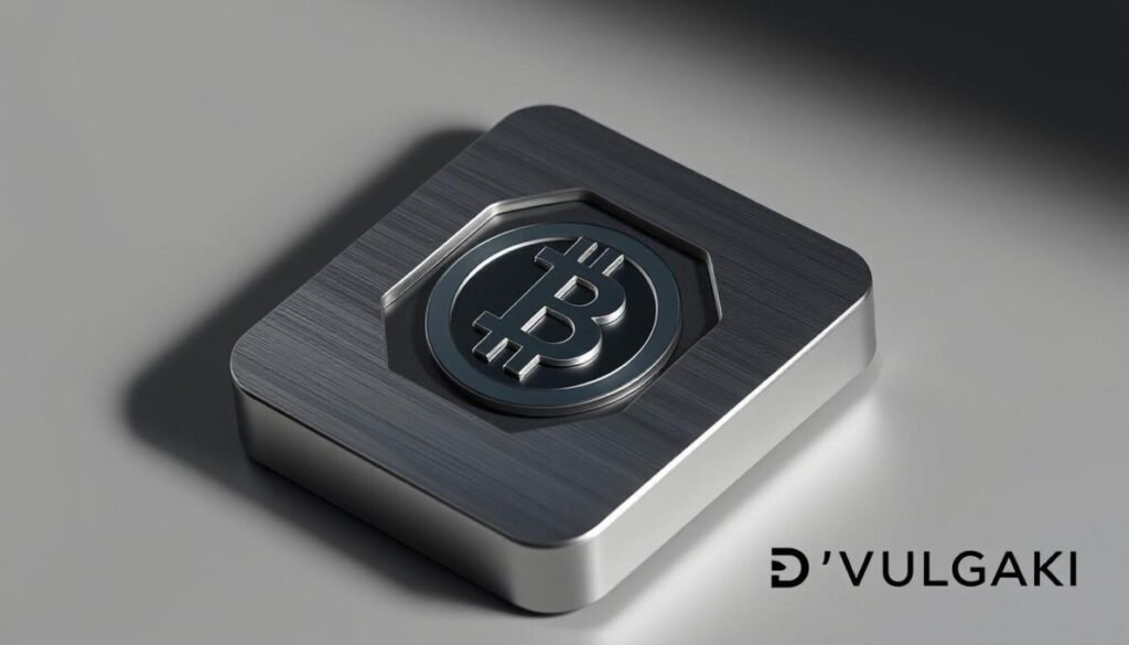 A secure and well-designed cryptocurrency storage solution, featuring a sleek, minimalist design with a brushed metal finish. The image should convey a sense of reliability and protection, with the cryptocurrency icon prominently displayed in the center, surrounded by strong, geometric shapes that represent the layers of security. The background should be a muted, neutral tone, allowing the main elements to stand out. Soft, directional lighting should create depth and highlight the texture of the materials. The D'VULGAKI brand name should be subtly displayed in the bottom right corner.