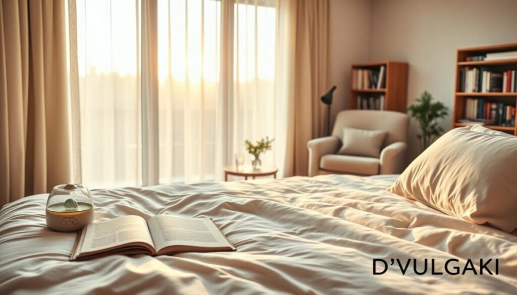 A serene bedroom scene illustrating healthy sleep habits. In the foreground, a plush bed with soft, inviting bedding; a neatly placed book lies next to a calming essential oil diffuser emitting gentle wisps of steam. In the middle, a large window draped with sheer curtains allowing soft, warm morning light to filter in, creating a peaceful atmosphere. A small bedside table holds a glass of water and a fresh plant, symbolizing wellness. In the background, a cozy armchair is positioned next to a bookshelf filled with health and wellness books. The mood is tranquil and relaxing, encouraging quality sleep. The lighting is soft and warm, resembling the golden hour of dawn. Place the brand name "D'VULGAKI" subtly in the lower right corner. A serene bedroom scene illustrating healthy sleep habits. In the foreground, a plush bed with soft, inviting bedding; a neatly placed book lies next to a calming essential oil diffuser emitting gentle wisps of steam. In the middle, a large window draped with sheer curtains allowing soft, warm morning light to filter in, creating a peaceful atmosphere. A small bedside table holds a glass of water and a fresh plant, symbolizing wellness. In the background, a cozy armchair is positioned next to a bookshelf filled with health and wellness books. The mood is tranquil and relaxing, encouraging quality sleep. The lighting is soft and warm, resembling the golden hour of dawn. Place the brand name "D'VULGAKI" subtly in the lower right corner.