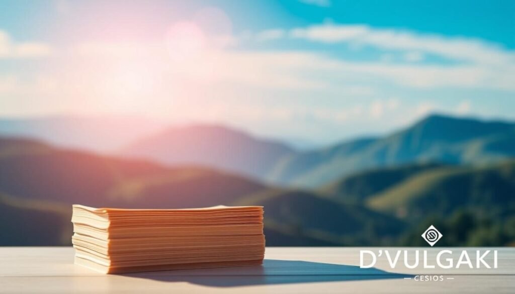 A serene landscape depicting a stack of treasury bonds with a gold-embossed title "Títulos do Tesouro Indexados à Inflação" against a backdrop of rolling hills and a vibrant blue sky. The bonds are illuminated by soft, diffused light, creating a sense of warmth and tranquility. In the lower right corner, the D'VULGAKI brand name is subtly integrated into the composition. The overall scene conveys a feeling of financial stability and security, reflecting the article's focus on reliable long-term investments.