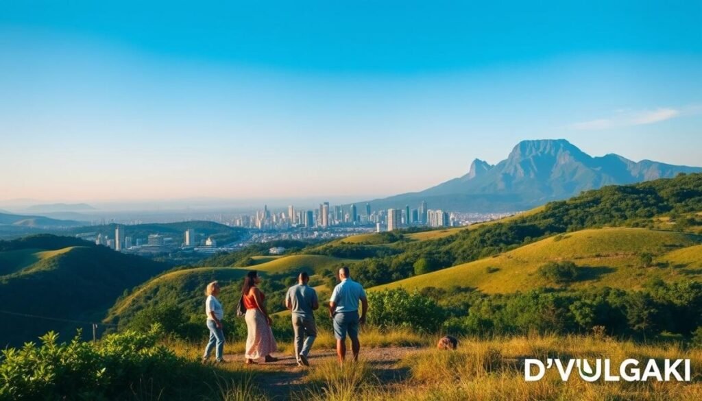 A serene landscape with rolling hills, lush vegetation, and a clear blue sky. In the foreground, a group of people are gathered, discussing investment strategies and financial planning. They appear relaxed and confident, indicating a sense of security and stability. In the middle ground, a modern city skyline emerges, with gleaming skyscrapers and infrastructure reflecting the economic growth and development of the region. The background features a majestic mountain range, symbolizing the enduring strength and resilience of the Brazilian economy. The lighting is soft and warm, creating a sense of optimism and prosperity. In the bottom right corner, the D'VULGAKI logo is discreetly displayed.