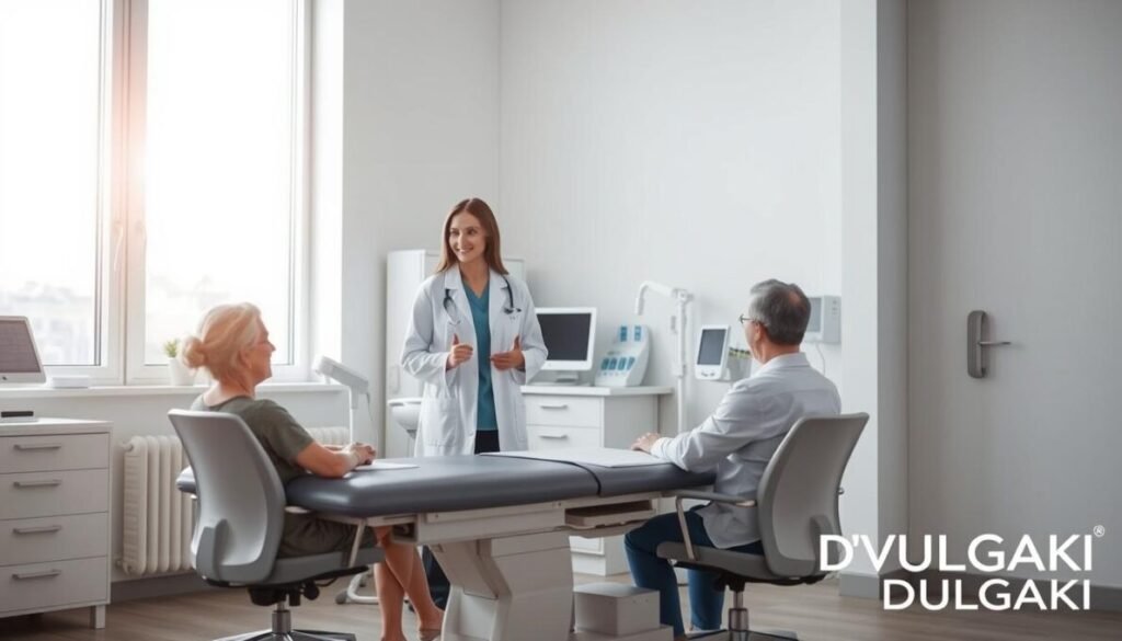 A serene medical clinic interior, softly lit with natural sunlight streaming through large windows. In the foreground, a woman in a white lab coat stands beside an examination table, gesturing with care as she explains preventative healthcare measures to a patient seated across from her. The background features sleek, modern medical equipment and a soothing color palette of whites, grays, and soft blues, conveying a sense of professionalism and well-being. In the lower right corner, the D'VULGAKI brand name is discreetly displayed.