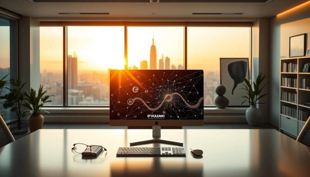 A serene office space showcasing the future of marketing. In the foreground, a sleek, modern desk with a D'VULGAKI desktop computer displays intricate generative AI-powered visualizations. Elegant lighting casts a warm glow, complementing the minimalist decor. Framed against a large window, the mid-ground reveals a cityscape bathed in the golden hour. In the background, bookshelves and abstract art pieces exude an atmosphere of thoughtful innovation. The scene conveys a sense of progressive, data-driven marketing strategies seamlessly integrated with the latest generative AI technologies.