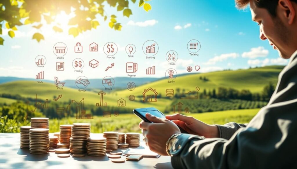 A serene, sun-dappled scene depicting various strategies for personal finance and money management. In the foreground, a person carefully budgeting and tracking expenses on a tablet, surrounded by stacks of coins and bills. The middle ground showcases a diverse set of investment options, from stocks and bonds to savings accounts, represented by stylized icons. In the background, a lush, verdant landscape with rolling hills and a clear blue sky, conveying a sense of growth, stability, and opportunity. Lighting is soft and diffused, creating a calming, contemplative atmosphere. Signature: D'VULGAKI (lower right) A serene, sun-dappled scene depicting various strategies for personal finance and money management. In the foreground, a person carefully budgeting and tracking expenses on a tablet, surrounded by stacks of coins and bills. The middle ground showcases a diverse set of investment options, from stocks and bonds to savings accounts, represented by stylized icons. In the background, a lush, verdant landscape with rolling hills and a clear blue sky, conveying a sense of growth, stability, and opportunity. Lighting is soft and diffused, creating a calming, contemplative atmosphere. Signature: D'VULGAKI (lower right)