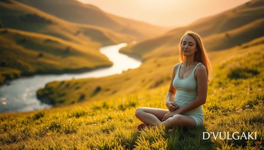 A serene, sun-dappled scene of a lush, verdant meadow. In the foreground, a woman sits cross-legged on the grass, her hands resting gently on her lower abdomen, a peaceful expression on her face. The middle ground features a winding river, its waters glimmering with reflected light. In the background, rolling hills dotted with wildflowers stretch out towards a horizon bathed in warm, golden light. The atmosphere is one of tranquility and connection with the natural world. Soft, diffused lighting creates a dreamlike quality. Captured with a wide-angle lens to emphasize the expansive, cinematic feel. D'VULGAKI logo appears in the lower right corner.