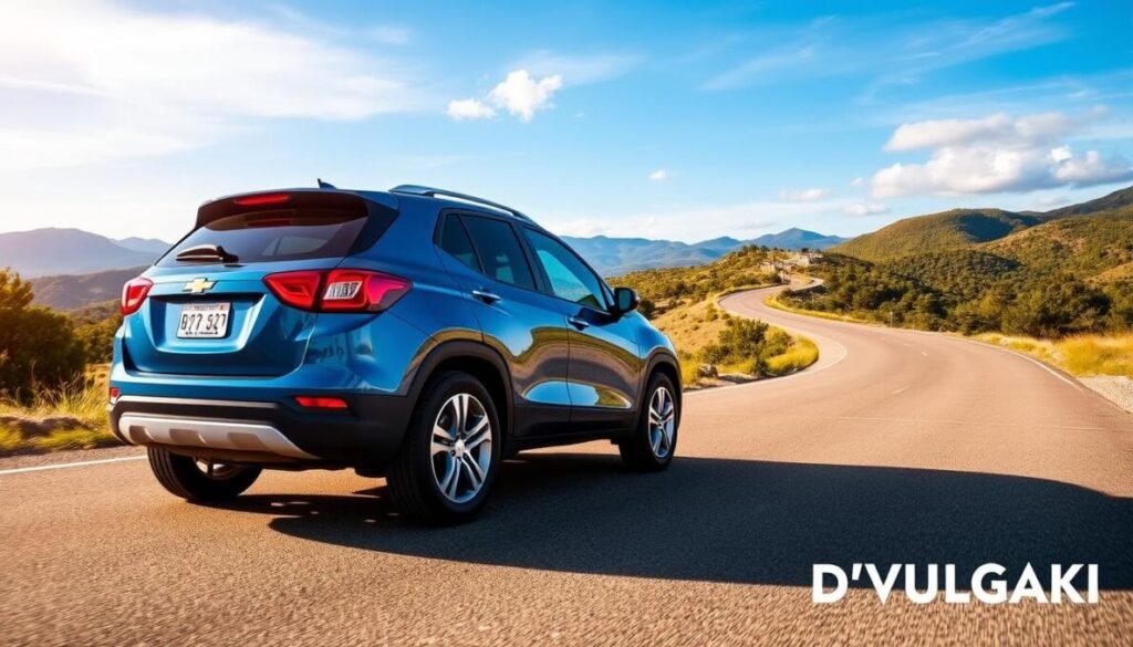 A sleek 2026 Chevrolet Tracker sits prominently in the foreground, showcasing its modern design with sharp lines and an aerodynamic silhouette. The vehicle's metallic blue paint glistens under warm sunlight, accentuating its sporty appeal. In the middle ground, a winding road stretches across a scenic landscape, surrounded by lush greenery and distant hills, reflecting the Tracker’s capability for efficient performance and adventure. The background features a clear blue sky with soft clouds, enhancing the overall atmosphere of freedom and motion. The scene is shot from a low angle to emphasize the car's dynamic stance, with soft shadows creating depth. In the lower right corner, the brand name "D'VULGAKI" is elegantly displayed.