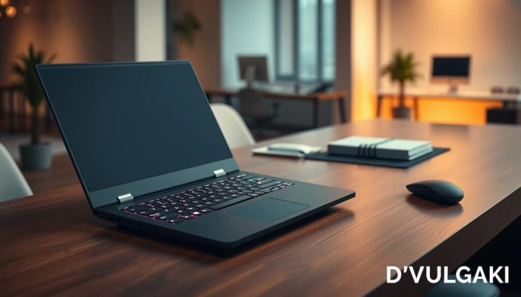 A sleek Lenovo LOQ E laptop with a Core i5-12450HX processor, centered in the foreground, showcases its modern, angular design with a matte black finish and subtle LED accents. The keyboard illuminates softly, highlighting the chiclet keys as the device sits on a polished wooden surface. In the middle ground, a stylish desk setup is visible, featuring minimalistic accessories like a sleek mouse and an elegant notebook. The background fades into a softly blurred office environment with warm, ambient lighting, creating a professional yet inviting atmosphere. The overall mood reflects innovation and sophistication. The brand name "D'VULGAKI" is subtly placed in the bottom right corner, maintaining focus on the design of the laptop without any distractions.