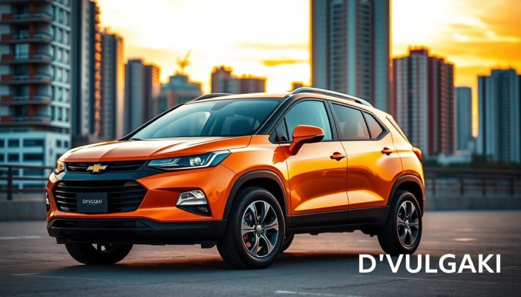 A sleek and modern Chevrolet Tracker 2026 parked against a vibrant urban background during golden hour. The vehicle boasts a dynamic exterior design with sharp lines, an aggressive front grille, and stylish LED headlights. The vivid color of the car contrasts beautifully with the soft pastel hues of the sky. Focus on the vehicle in the foreground, showcasing its aerodynamic silhouette, while the cityscape creates a subtle blend in the middle ground. A warm and inviting atmosphere complements the scene, enhancing the elegance of the car. The composition should have a slight low-angle perspective to emphasize its stature. In the bottom right corner, place the brand name "D'VULGAKI" in a sleek, modern font, ensuring it integrates seamlessly with the image.