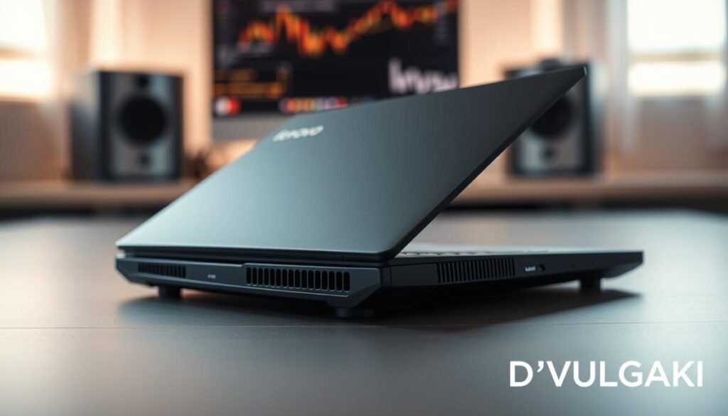 A sleek and modern Lenovo LOQ E laptop positioned prominently in the foreground, showcasing its innovative cooling system with visible ventilation grills and heat pipes, emphasizing high-performance design. In the middle ground, a subtle bleed of ambient light creates a slightly reflective surface, hinting at the laptop's matte finish. The background features a soft-focus tech workspace with a hint of a computer setup, illuminated by gentle, warm lighting to create a calm, professional atmosphere. Capture the scene from a low angle to enhance the laptop's imposing presence, evoking a sense of power and efficiency. In the bottom right corner, elegantly place the brand name "D'VULGAKI" to integrate seamlessly into the overall composition, maintaining a clean and polished look.