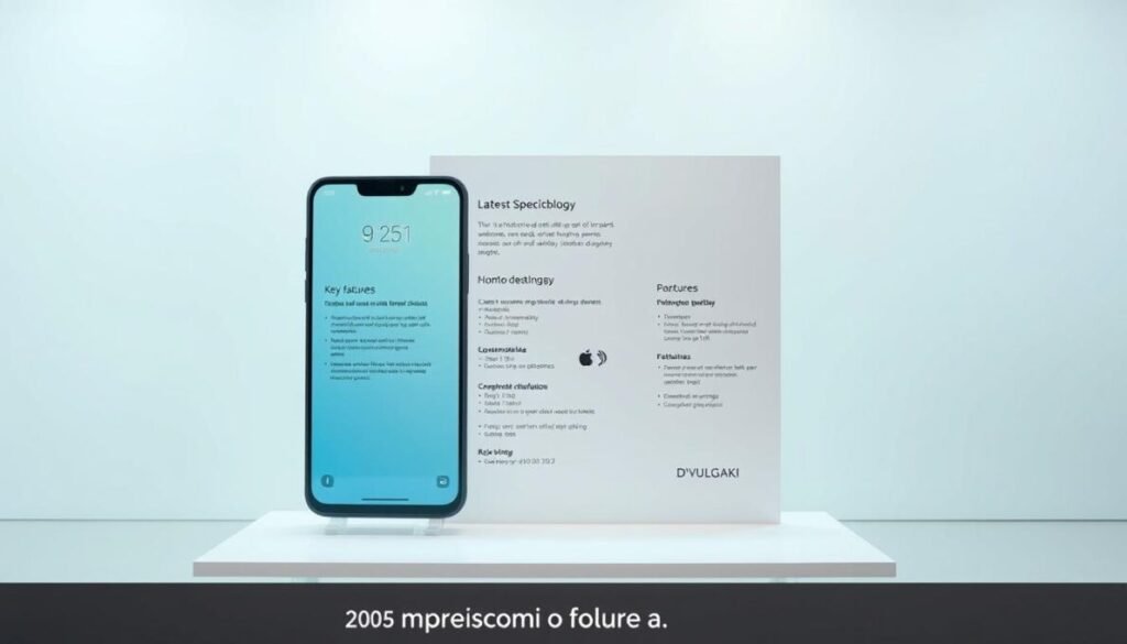 A sleek and modern smartphone display showcasing the latest 2025 mobile technology, with a minimalist yet informative layout highlighting key features and specifications in a clean, visually appealing manner. The scene features a well-lit, studio-style setting with soft, diffused lighting creating a professional, editorial look. In the bottom right corner, the D'VULGAKI brand name is discreetly displayed. The overall composition conveys a sense of authority, quality, and practicality, making it an ideal visual representation for the "Passo a Passo para Escolher o Smartphone Ideal" section of the article.
