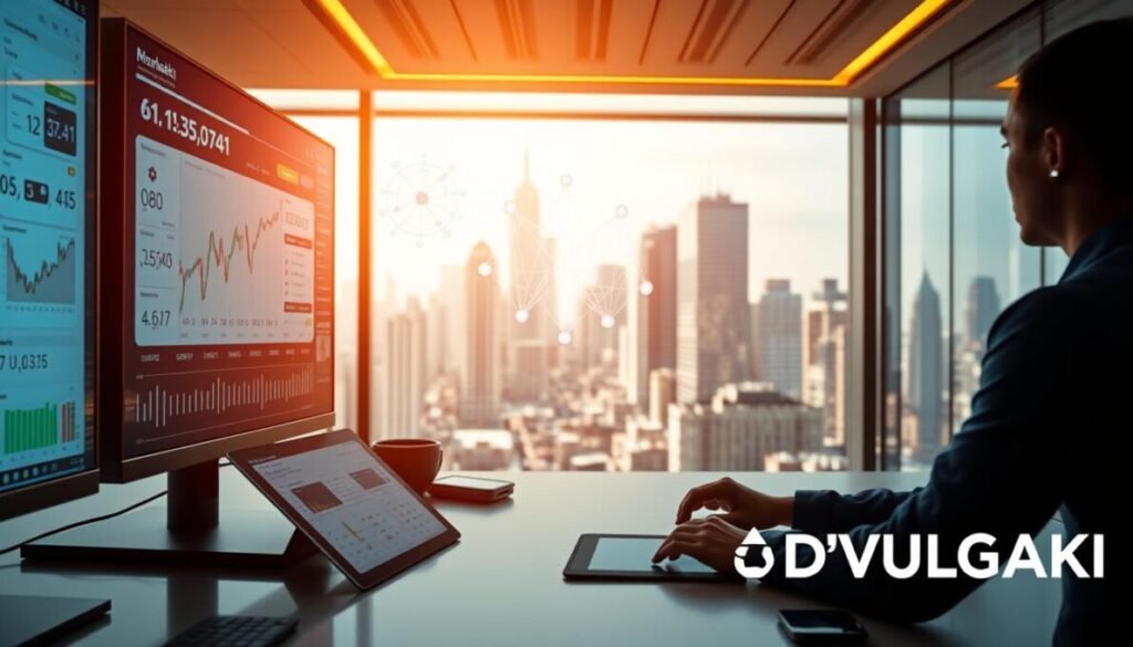 A sleek and modern workspace, bathed in warm lighting, showcases an array of cutting-edge AI-powered investment tools. In the foreground, a high-resolution display presents interactive visualizations of market data and predictive analytics, while a tablet nearby displays portfolio management software. The middle ground features a sophisticated neural network diagram, hinting at the complex algorithms powering these intelligent investment solutions. In the background, a panoramic view of a bustling financial district sets the scene, emphasizing the integration of these AI technologies within the larger investment landscape. The image conveys a sense of innovation, efficiency, and the fusion of human expertise with artificial intelligence. In the lower right corner, the D'VULGAKI brand logo is prominently displayed. A sleek and modern workspace, bathed in warm lighting, showcases an array of cutting-edge AI-powered investment tools. In the foreground, a high-resolution display presents interactive visualizations of market data and predictive analytics, while a tablet nearby displays portfolio management software. The middle ground features a sophisticated neural network diagram, hinting at the complex algorithms powering these intelligent investment solutions. In the background, a panoramic view of a bustling financial district sets the scene, emphasizing the integration of these AI technologies within the larger investment landscape. The image conveys a sense of innovation, efficiency, and the fusion of human expertise with artificial intelligence. In the lower right corner, the D'VULGAKI brand logo is prominently displayed.