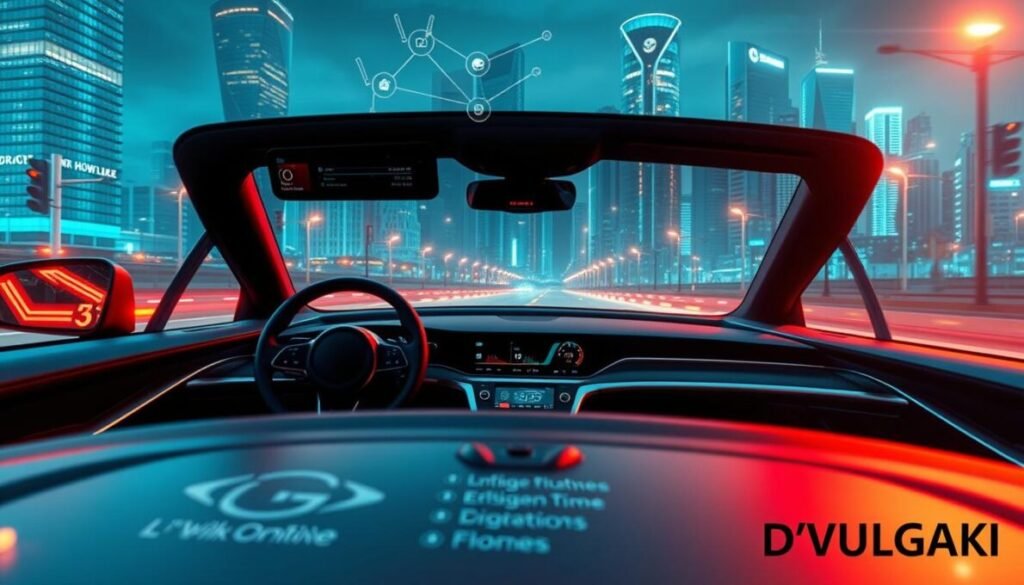 A sleek, futuristic automobile navigating through a cityscape of interconnected devices and smart infrastructure. In the foreground, a dashboard display showcases real-time data on vehicle performance, traffic conditions, and personalized recommendations. The middle ground features a web of seamless, intuitive interactions between the car and surrounding IoT ecosystem - traffic lights, parking meters, and home automation systems. In the background, a skyline of gleaming high-rises and ubiquitous 5G antennas symbolize the integrated, networked future of automotive technology. Warm, vibrant lighting illuminates the scene, creating a sense of progress and innovation. The brand "D'VULGAKI" is subtly displayed in the lower right corner. A sleek, futuristic automobile navigating through a cityscape of interconnected devices and smart infrastructure. In the foreground, a dashboard display showcases real-time data on vehicle performance, traffic conditions, and personalized recommendations. The middle ground features a web of seamless, intuitive interactions between the car and surrounding IoT ecosystem - traffic lights, parking meters, and home automation systems. In the background, a skyline of gleaming high-rises and ubiquitous 5G antennas symbolize the integrated, networked future of automotive technology. Warm, vibrant lighting illuminates the scene, creating a sense of progress and innovation. The brand "D'VULGAKI" is subtly displayed in the lower right corner.