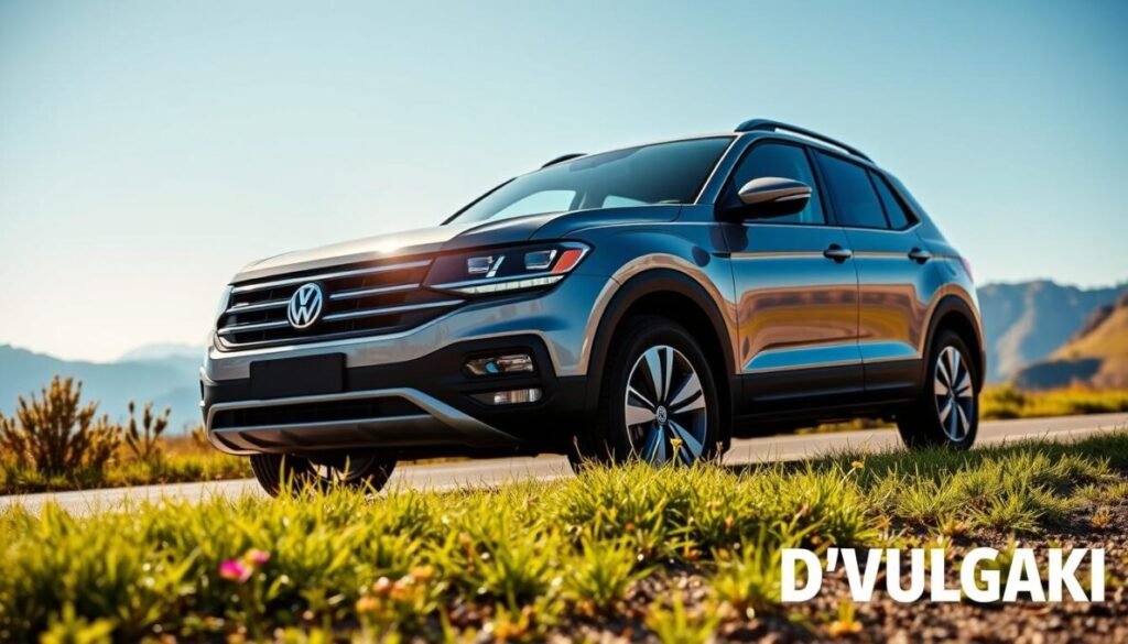 A sleek, modern 2026 Volkswagen T-Cross Extreme, prominently displayed from a dynamic angle, showcasing its aggressive front design and sporty profile. The T-Cross is parked on a scenic road with a mountainous backdrop, highlighting its adventurous spirit. The foreground features vibrant green grass and small wildflowers, enhancing the vehicle's connection to nature. In the middle ground, the T-Cross’s polished metal surfaces reflect the golden afternoon sunlight, creating a warm glow. The background presents distant mountains under a clear blue sky. The scene conveys a sense of freedom and performance, emphasizing both style and capability. The brand name "D'VULGAKI" is subtly placed in the bottom right corner, integrating seamlessly into the composition.